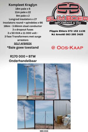 Kompleet kraglyn, 6 x 18m Pale, 22 x 11m Pale, 2 x 9m Pale, 27 x Longrod insulators, Self afbreek, onderhandelbaar