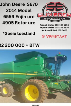 John Deere S670 (2014 model) 6559 Enjin ure, 4905 Rotor ure, Goeie toestand