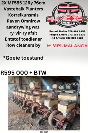 Massey Fergusdon 555 Vastebak Planters (x2), Korrelkunsmis, Raven Omnirow aandrywing wat ry-vir-ry afsit, Enstof toediener, met Row cleaners