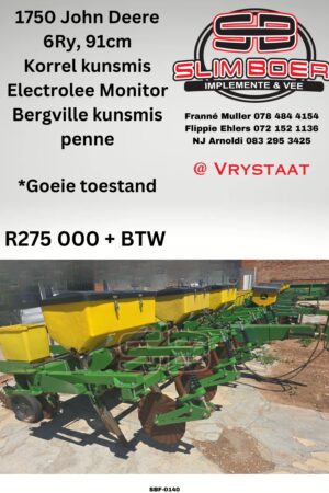John Deere 1750 Planter, 6 Ry / 91cm, Korrel kunmis, Electrolee monitor, Bergville kunsmis penne, Goeie toestand