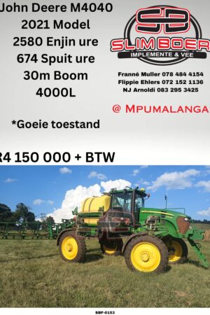 John Deere M4040, 30m Boom spuit, 4000Lt (2021 model), 2580 enjin ure, 674 spuit ure, Goeie toestand