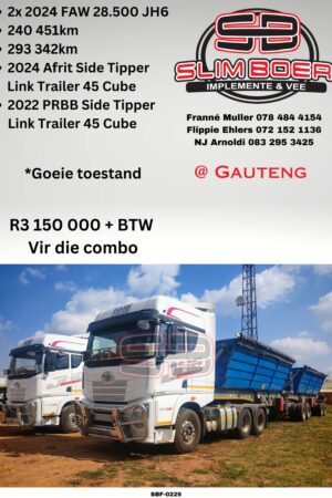 2 x 2024 FAW JH6 28.500, 240 451km en 293 342km, 2024 Afrit Side Tipper (45Cube), 2022 PRBB Side Tipper (45 Cube), Goeie toestand