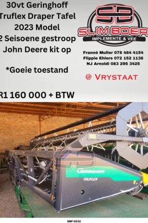 30vt Geringhoff Truflex Draper Tafel (2023 model) 2 Seisoene gestroop, John Deere kit op, Goeie toestand